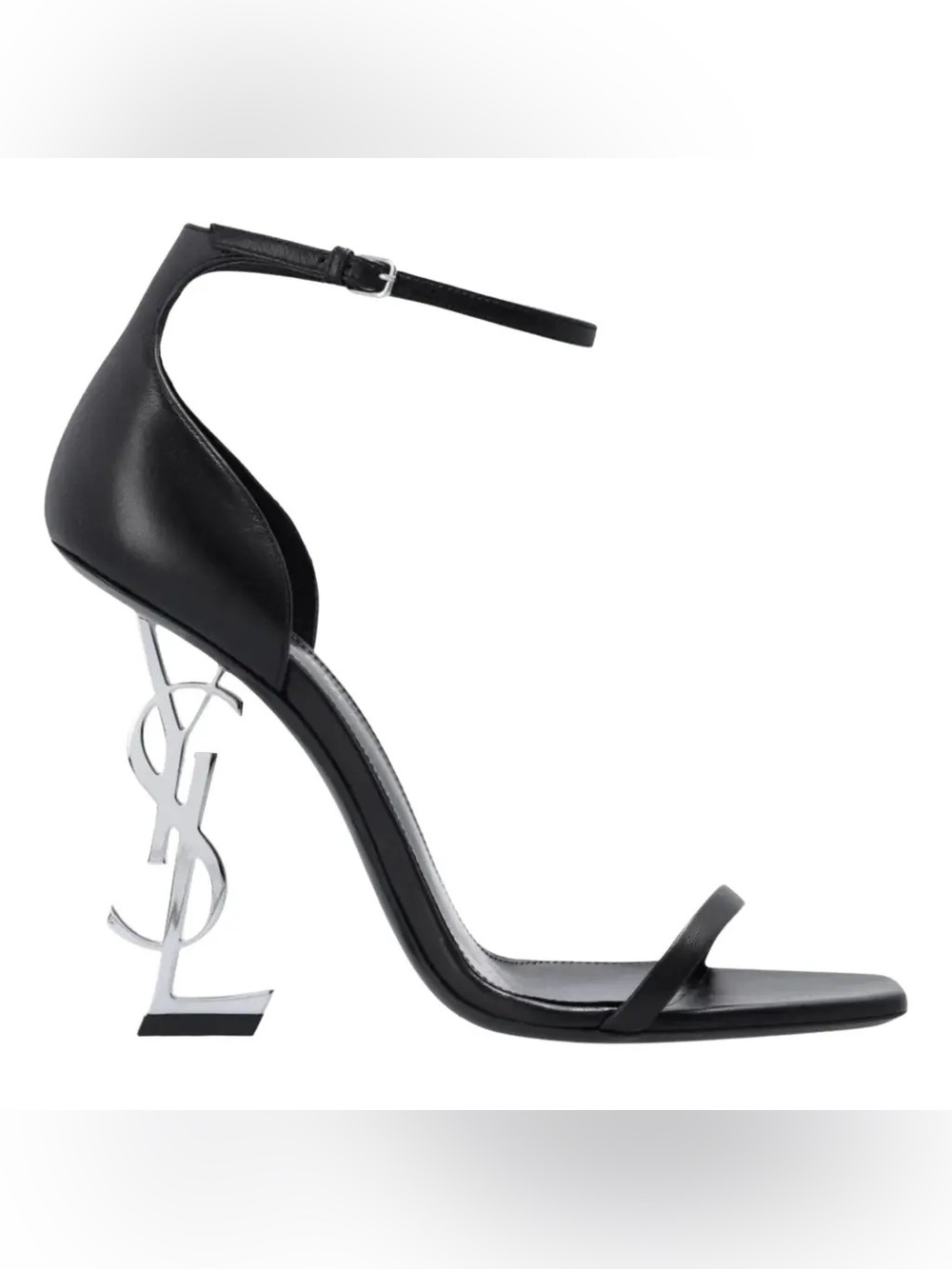 Saint Laurent Black Leather Ankle-Strap Heels with Silver Logo Heel